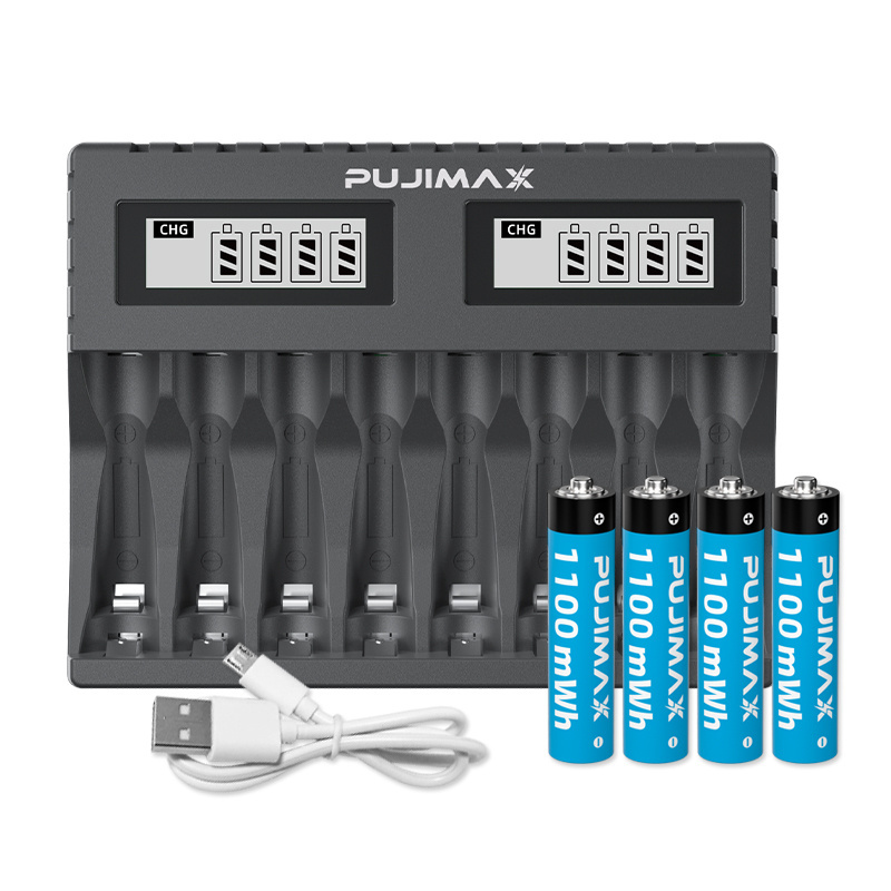 PUJIMAX rechargeable 1.5v aa aaa li ion batteries charger 8 slots multi battery charger usb lithium ion battery charger aa aaa