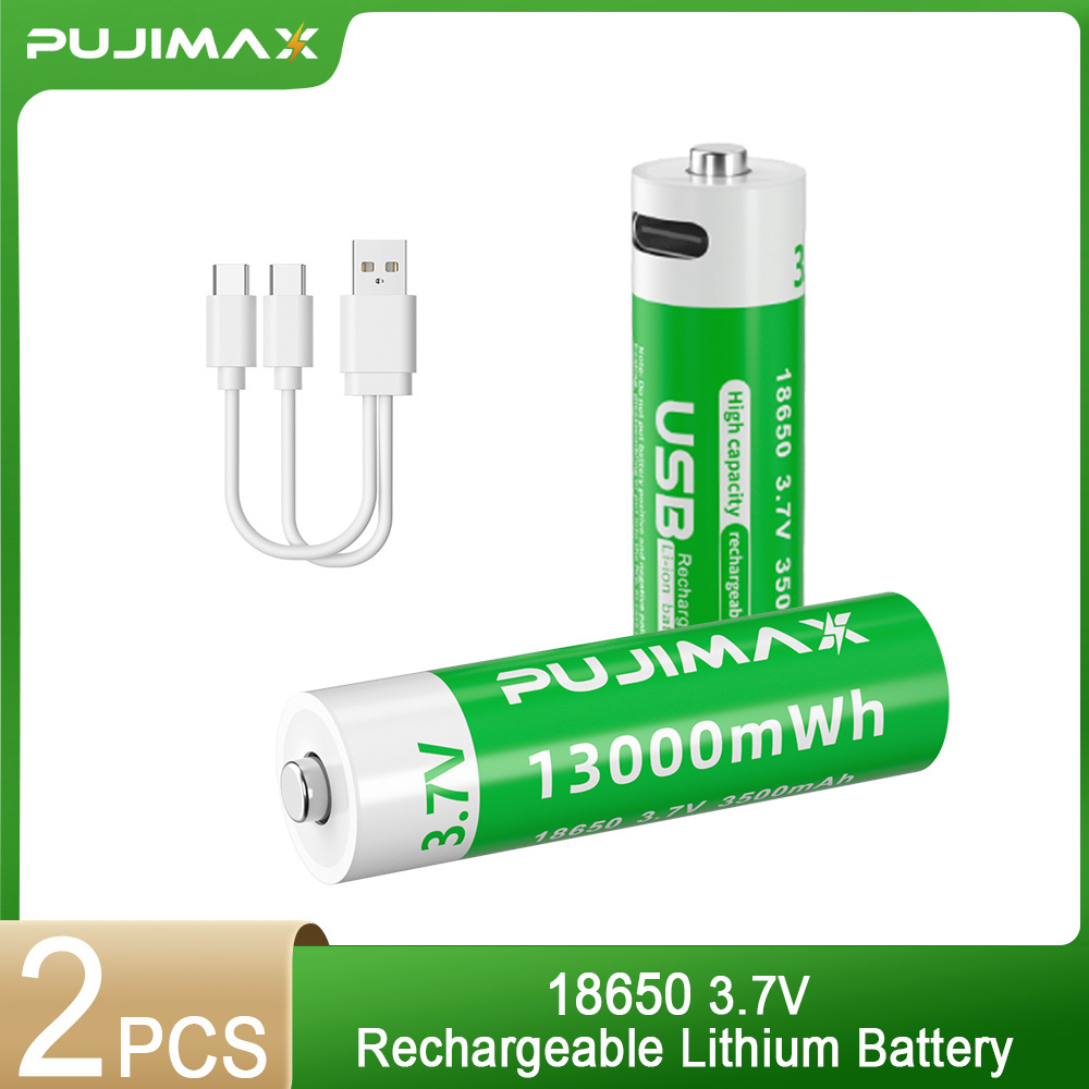 PUJIMAX High Quality 2PCS 18650 Rechargeable Li Ion Battery USB Type C Cable Charging13000mWh 3.7V Battery For Flashlight