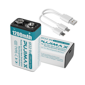 PUJIMAX 1pcs 9V type c lithium battery 1200mah usb c rechargeable battery 9v 6f22 lithium ion battery with usb charging cable