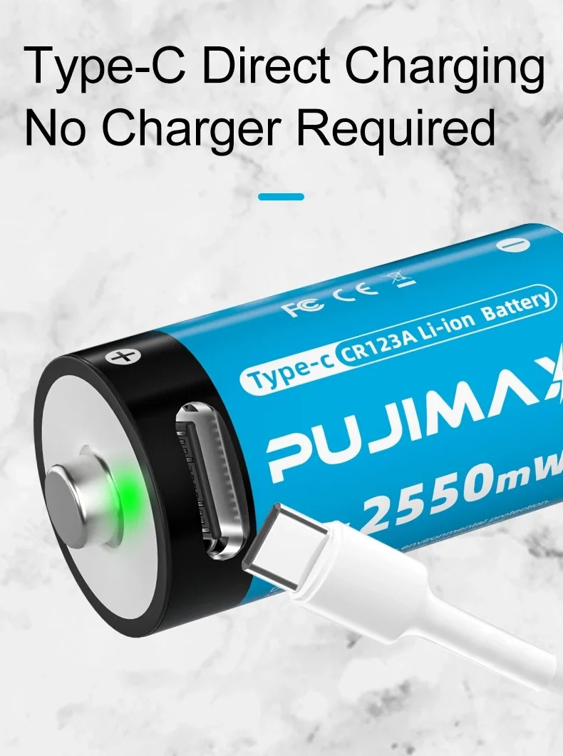 PUJIMAX 3.7v lithium cr123a battery 2550mwh 1pcs usb c lithium ion battery 16340 cr123a rechargeable battery charger with cable