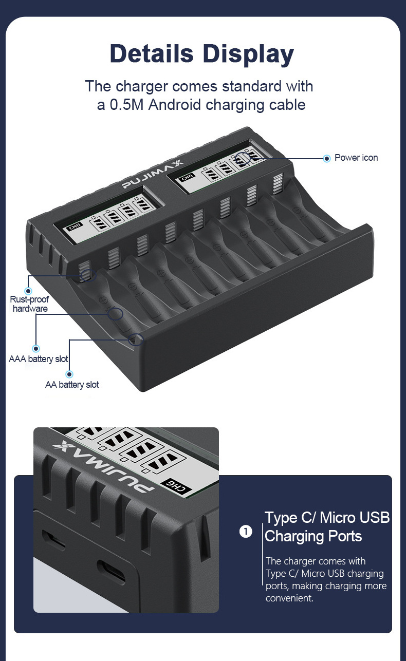 PUJIMAX rechargeable 1.5v aa aaa li ion batteries charger 8 slots multi battery charger usb lithium ion battery charger aa aaa