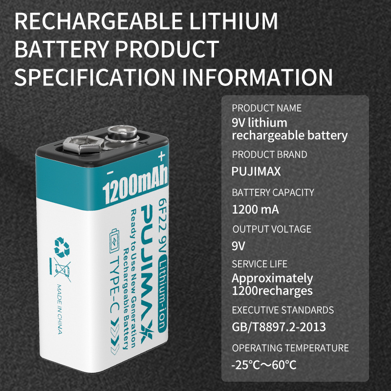 PUJIMAX 1pcs 9V type c lithium battery 1200mah usb c rechargeable battery 9v 6f22 lithium ion battery with usb charging cable