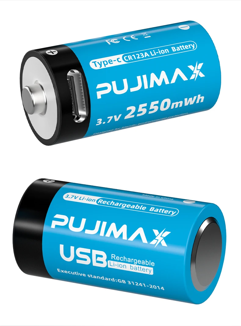 PUJIMAX 1 Pcs Type C Charging Lithium Battery 3.7V 2550mWh USB CR123A Battery 16340 Rechargeable Batteries With Charging Cable