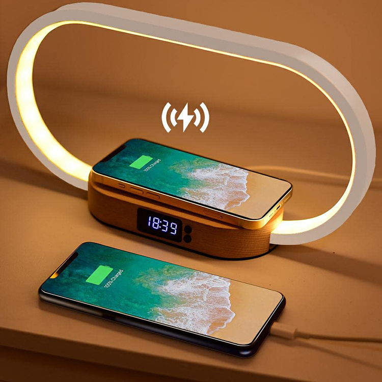 Smart Desk Lamp Cordless Night Light Bedside Table Lamp LED Lighting Desktop Alarm Clock Wireless Charging Lamps with Speaker