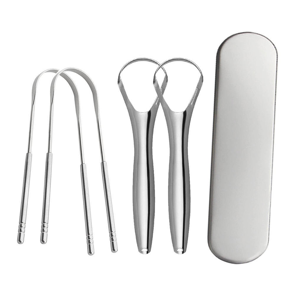 Custom Travel Packing Box Bad Breath Treatment 100% Stainless Steel Metal U Shaped Tongue Scraper for 2 Pack