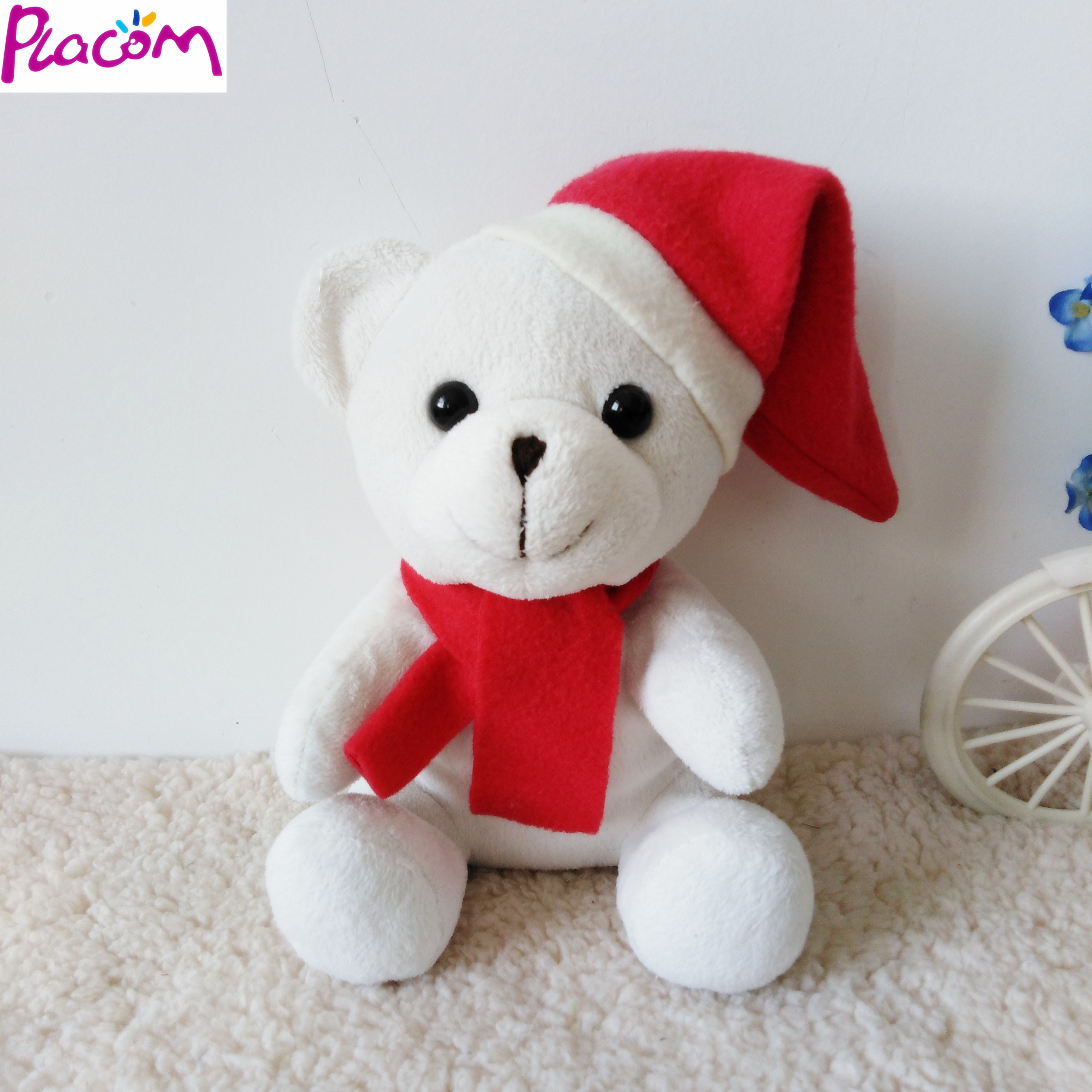 Custom Christmas day gifts plush white bear with red hat and scarf stuffed bear soft toys