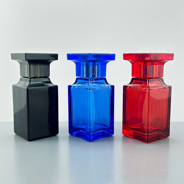 Wholesale Empty Square Perfume Bottles Recyclable Rectangular Screw Cap Red Blue Black Perfume Bottles 50ml Luxury