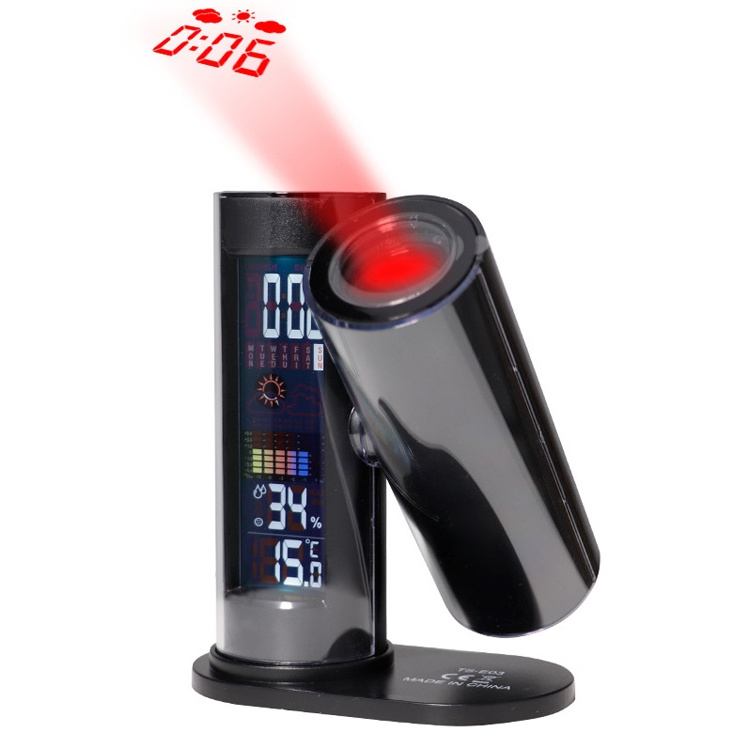 New design backlight alarm EU TS-E03 360 degrees rotate lcd display weather multifunctional  smart digital projection clock