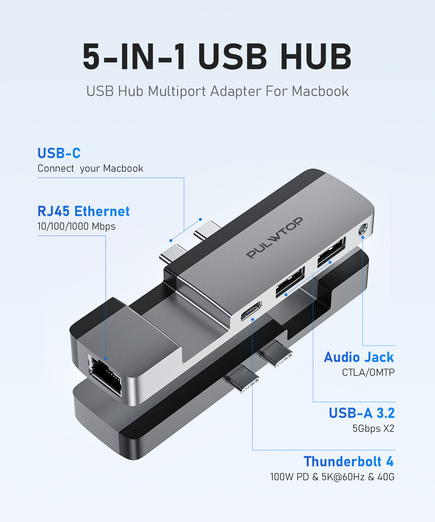 shenzhen PULWTOP c hub with card reader 5 in 1/2 usb-c hub adapter mac docking station USB 3.0 Type C Hub 4K HD-MI Port TF Card