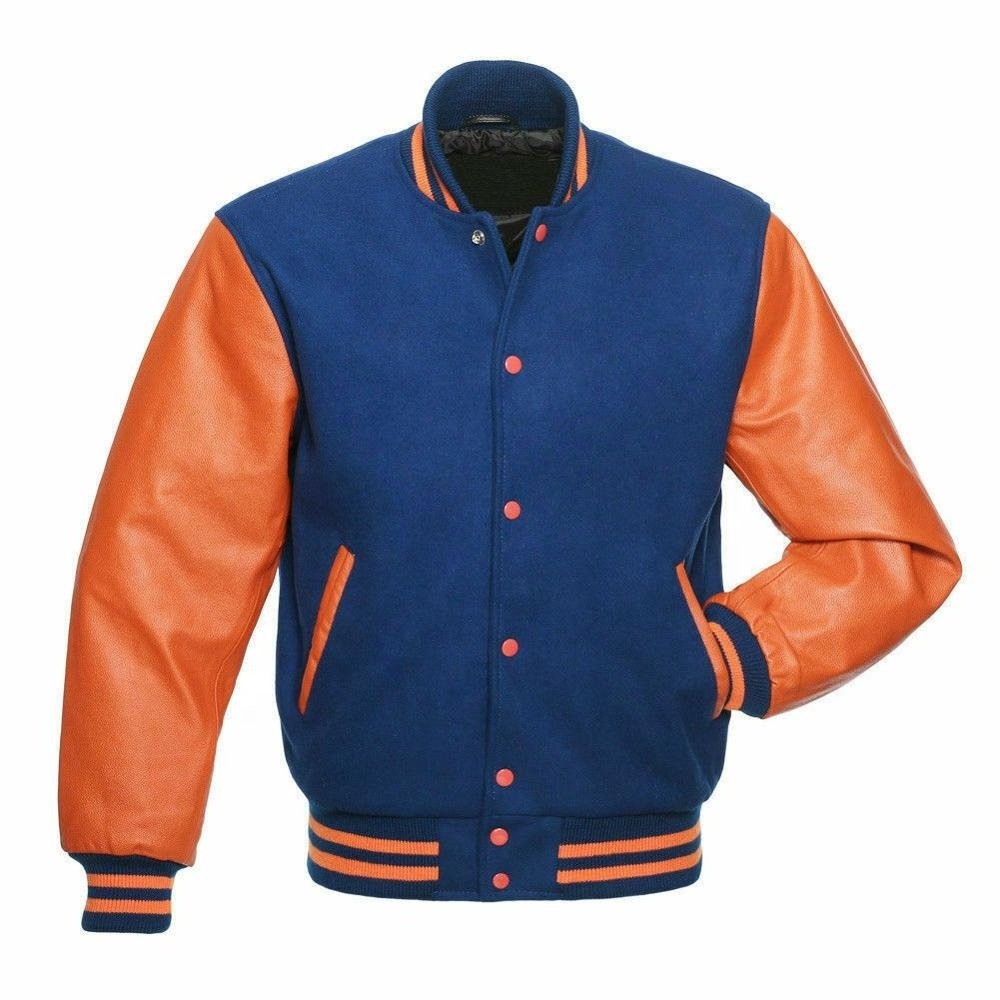 ROYAL Blue Wool Varsity Letterman Bomber Jacket with ORANGE Pure Premium Leather Sleeves by Punchin Sports