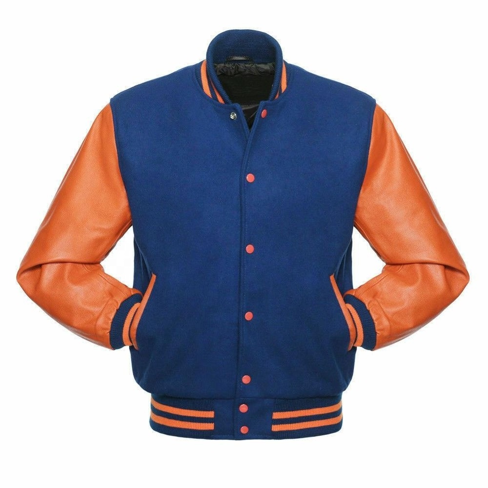 ROYAL Blue Wool Varsity Letterman Bomber Jacket with ORANGE Pure Premium Leather Sleeves by Punchin Sports