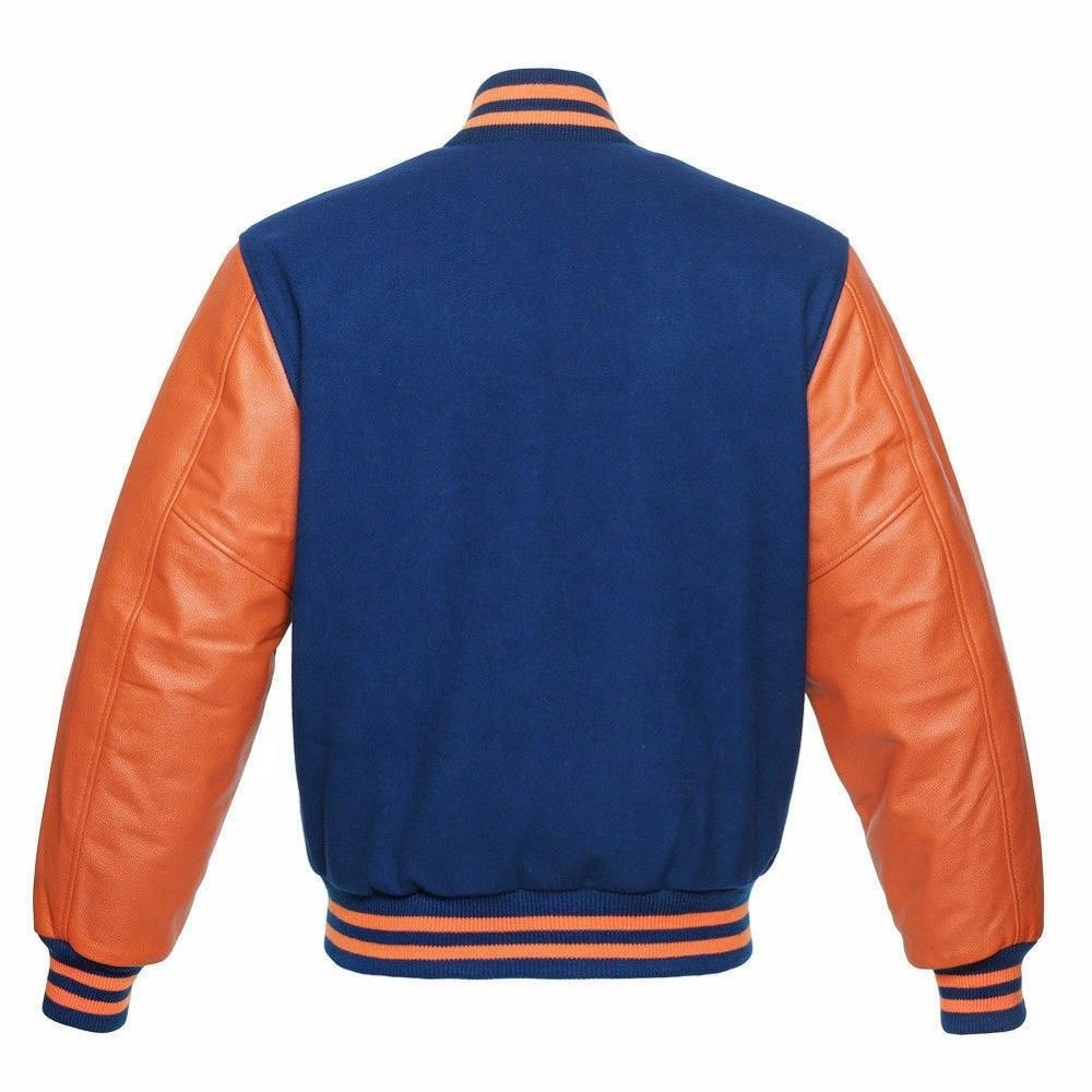 ROYAL Blue Wool Varsity Letterman Bomber Jacket with ORANGE Pure Premium Leather Sleeves by Punchin Sports