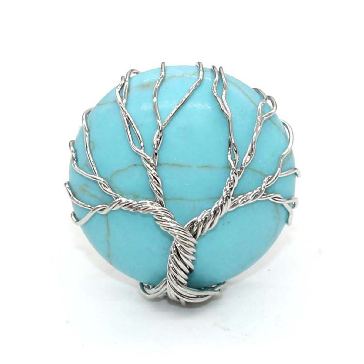 Fashion Natural Healing Crystal Quartz Stone Round Tree of Life Reiki Adjustable Rings jewelry