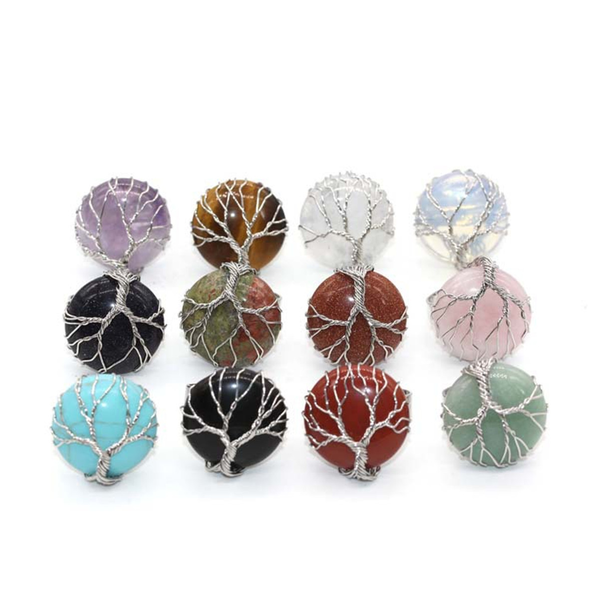 Fashion Natural Healing Crystal Quartz Stone Round Tree of Life Reiki Adjustable Rings jewelry