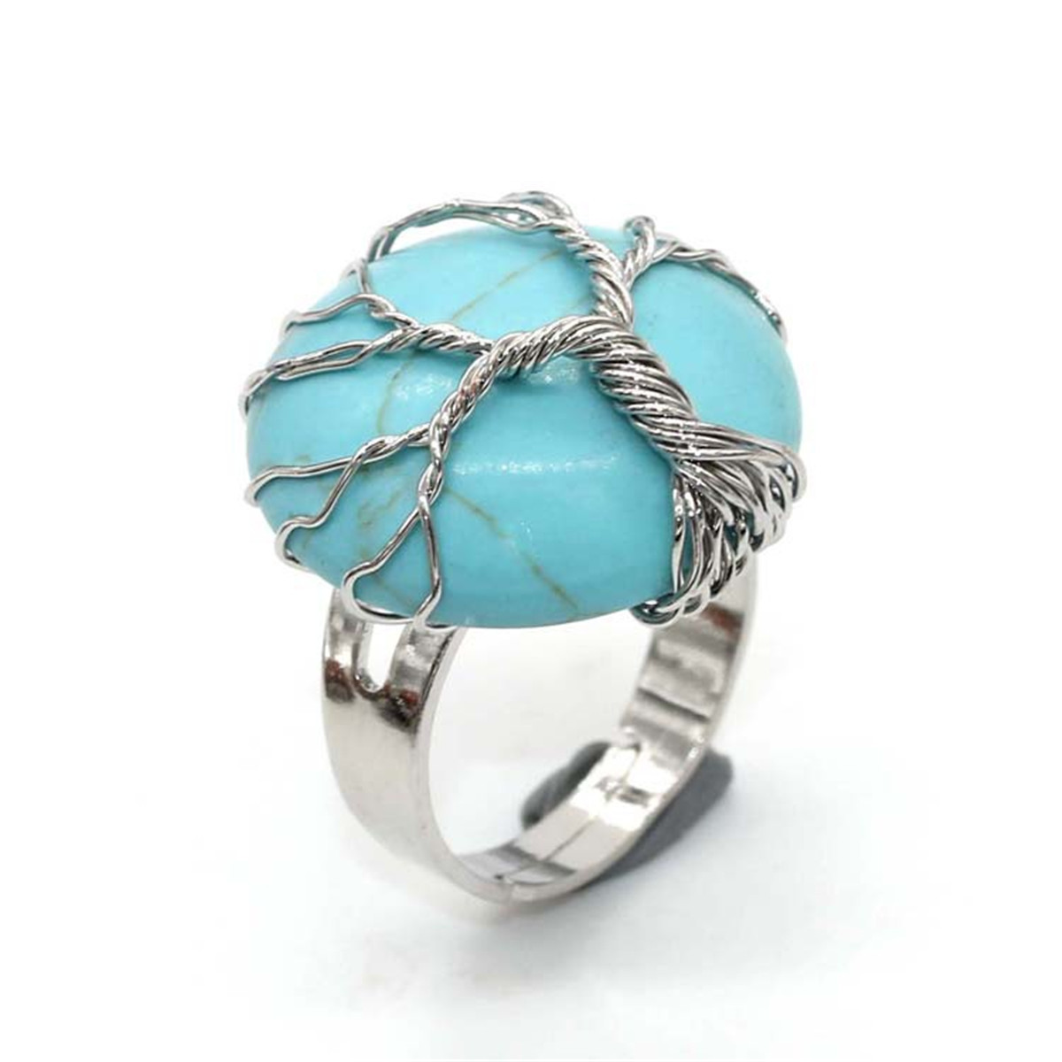 Fashion Natural Healing Crystal Quartz Stone Round Tree of Life Reiki Adjustable Rings jewelry