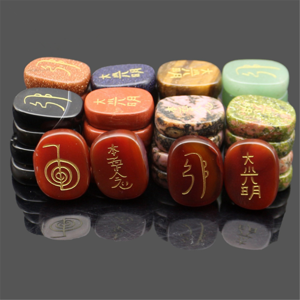 4 Pcs/Set Engraved Usui Reiki Symbol Palm Pocket Stones Healing Chakra Crystals