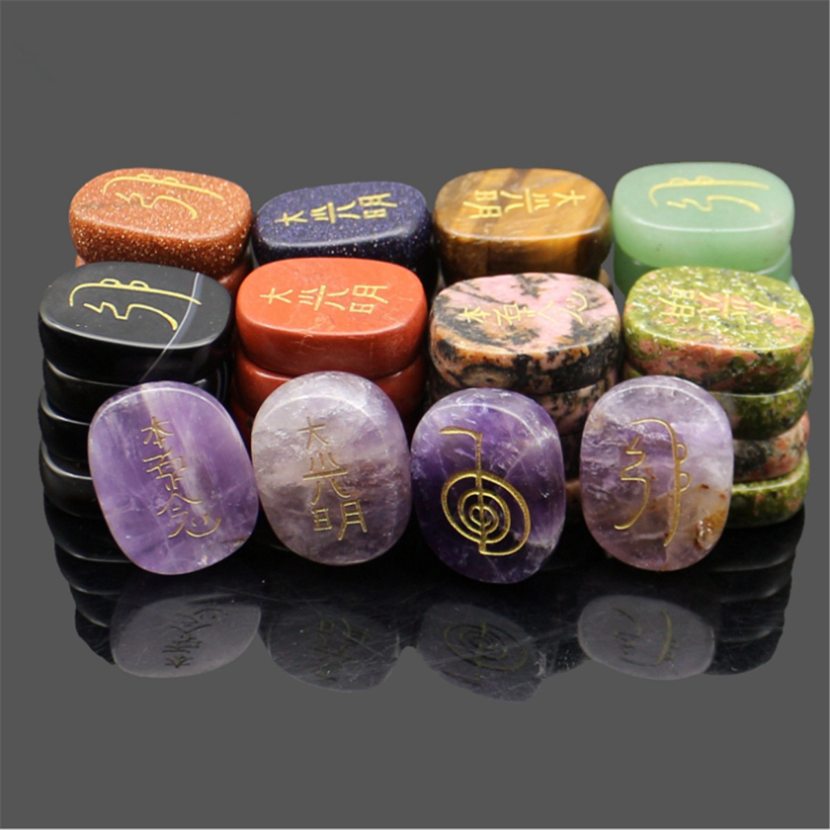 4 Pcs/Set Engraved Usui Reiki Symbol Palm Pocket Stones Healing Chakra Crystals