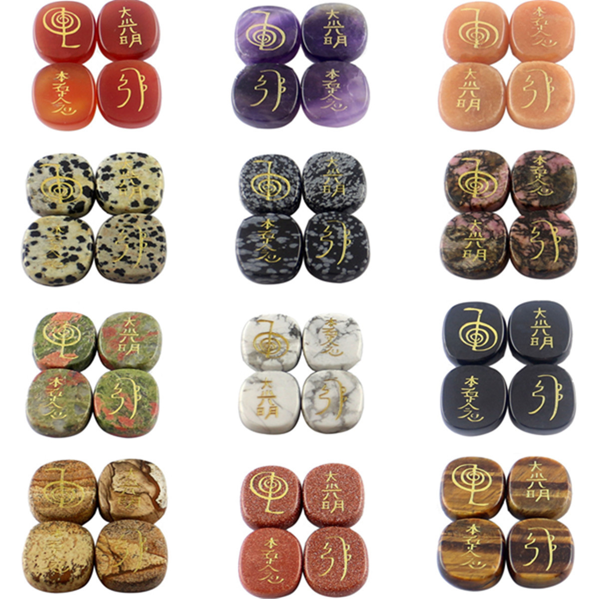 4 Pcs/Set Engraved Usui Reiki Symbol Palm Pocket Stones Healing Chakra Crystals