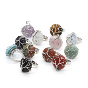 Fashion Natural Healing Crystal Quartz Stone Round Tree of Life Reiki Adjustable Rings jewelry