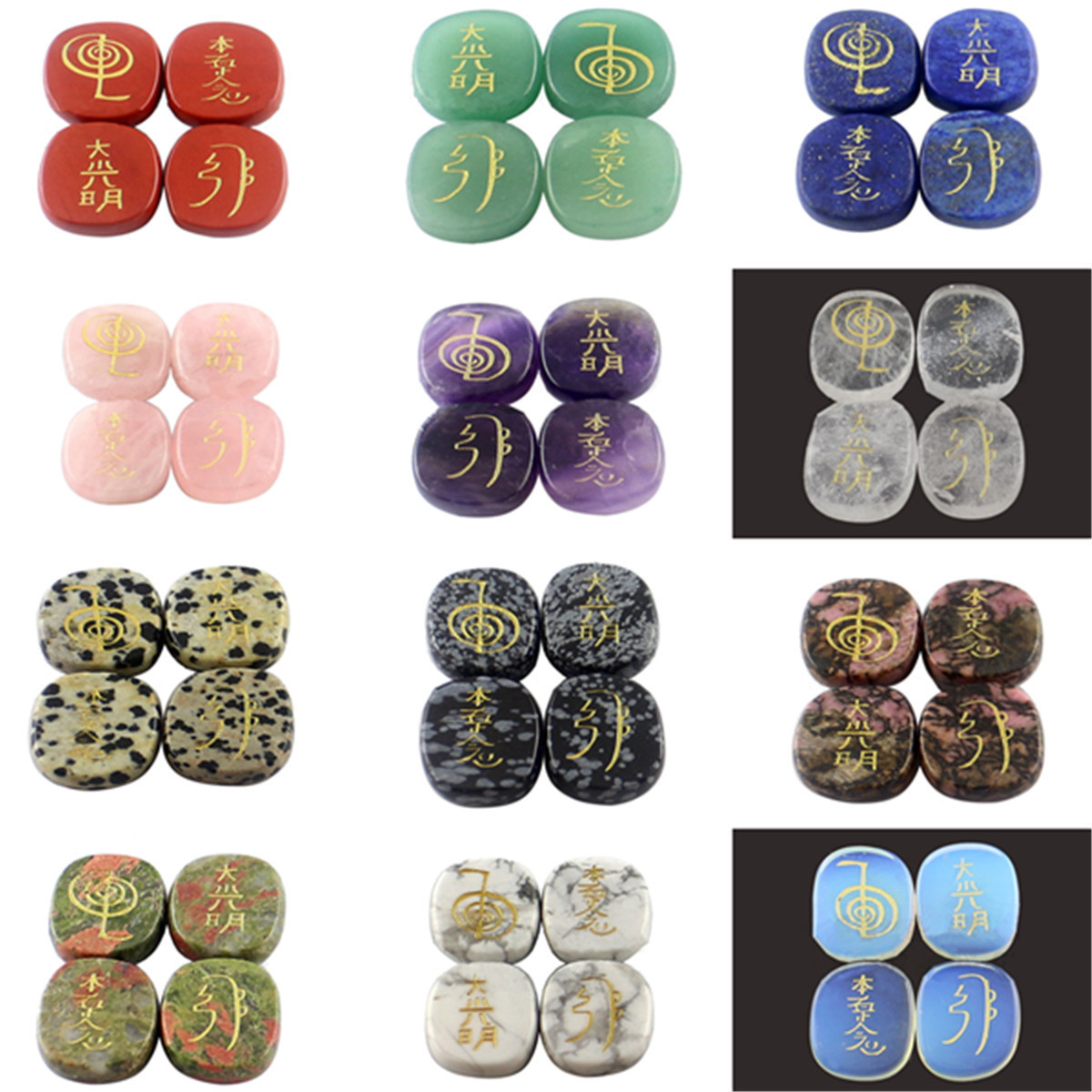 4 Pcs/Set Engraved Usui Reiki Symbol Palm Pocket Stones Healing Chakra Crystals