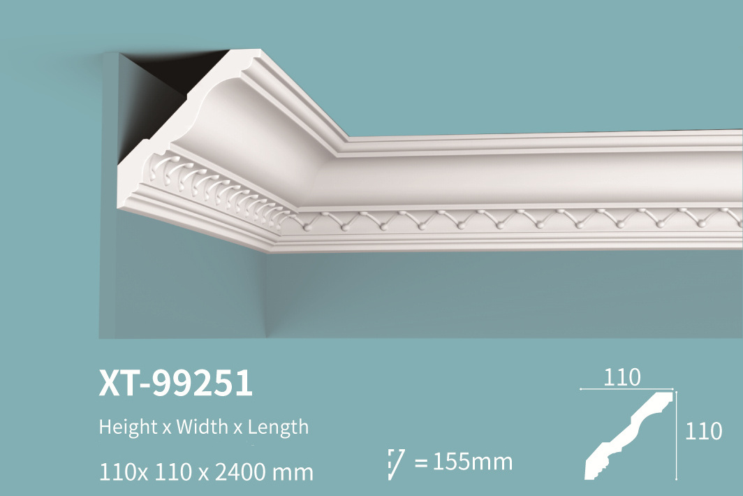 XT-99251 High quality polyurethane crown cornice molding for ceiling decoration white waterproof PU carved cornice molding trim