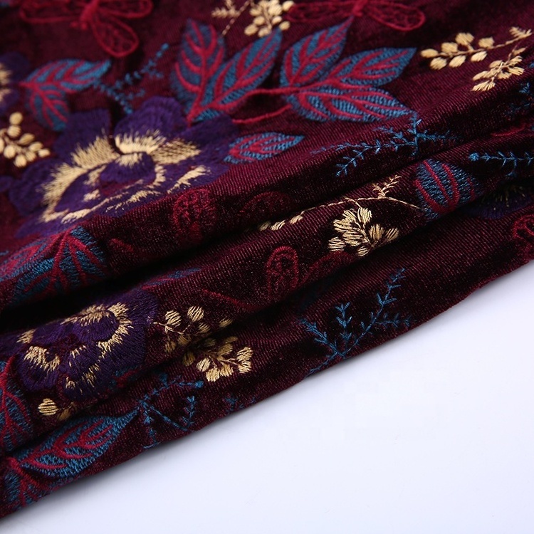 Hand embroidered velvet fabric all over mexican well polyester embroidery velvet embroidered fabric for women dress clothing