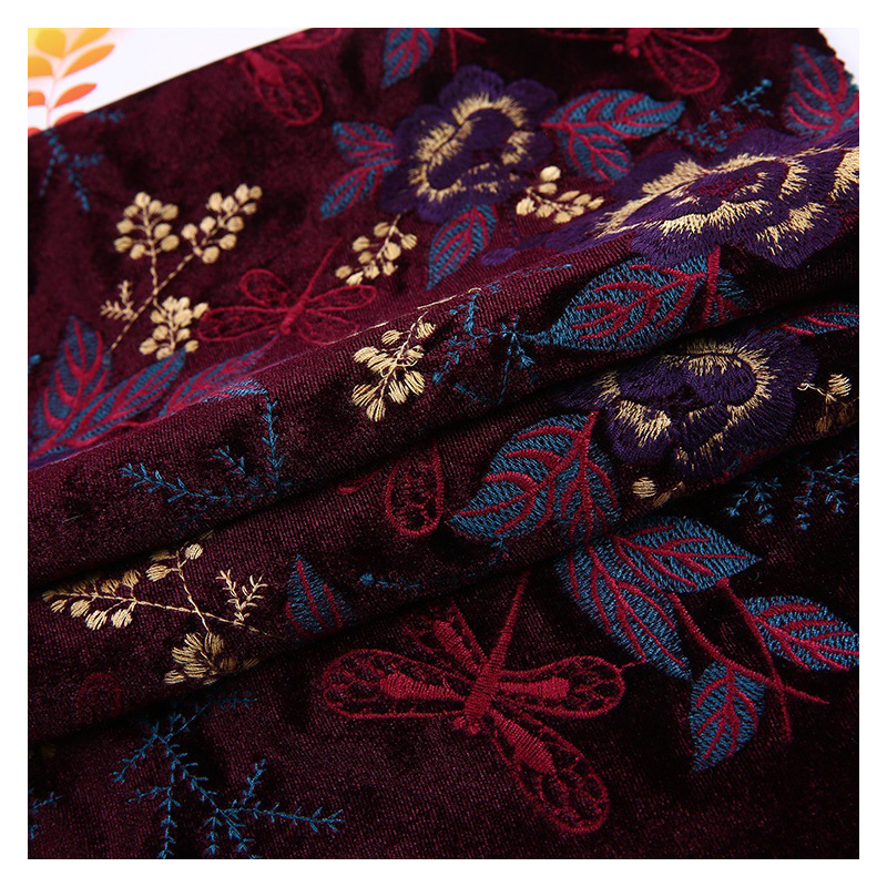 Hand embroidered velvet fabric all over mexican well polyester embroidery velvet embroidered fabric for women dress clothing