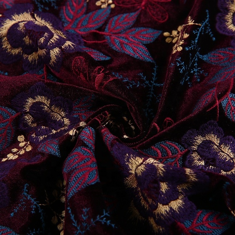 Hand embroidered velvet fabric all over mexican well polyester embroidery velvet embroidered fabric for women dress clothing