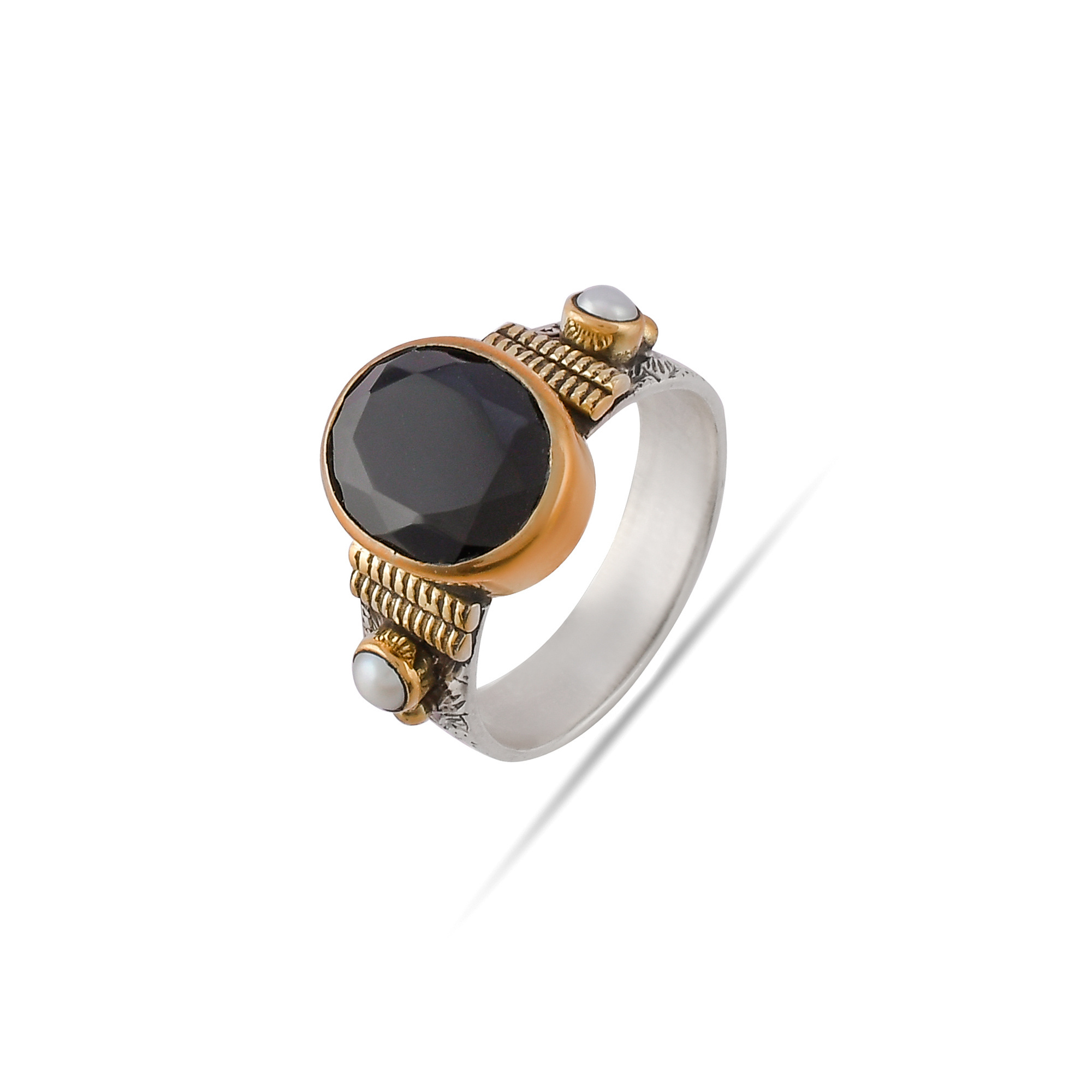 925 SILVER RING STUDDED WITH BLACK ONYX AND WHITE PEARL