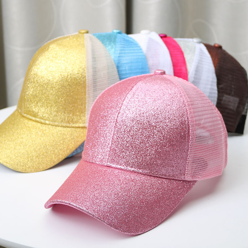 Wholesale 2022 Summer Women Glitter Baseball Caps Drop Shipping Sequin Ponytail Mesh Hats