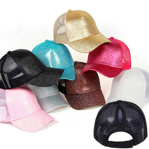 Wholesale 2022 Summer Women Glitter Baseball Caps Drop Shipping Sequin Ponytail Mesh Hats