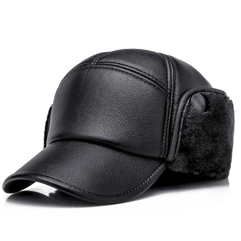 Wholesale 7 panel Men Leather Hunting Hats Winter Warm Faux Fur Earflap Baseball Caps