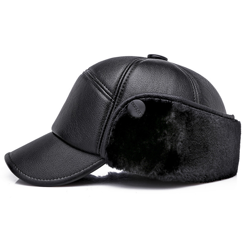 Wholesale 7 panel Men Leather Hunting Hats Winter Warm Faux Fur Earflap Baseball Caps