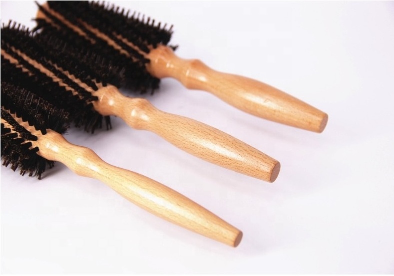 Custom Logo Eco Friendly Small MOQ Salon Styling Tools Radial 100% Natural Wooden Handle Nylon Mix Boar Bristle Round Hair Brush