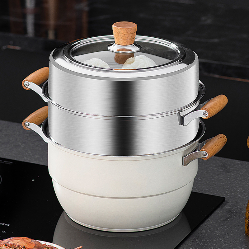 3 layer stainless steel 304 enlarge capacity big heatproof wooden handle dumpling seafood big steamer pot for cooking