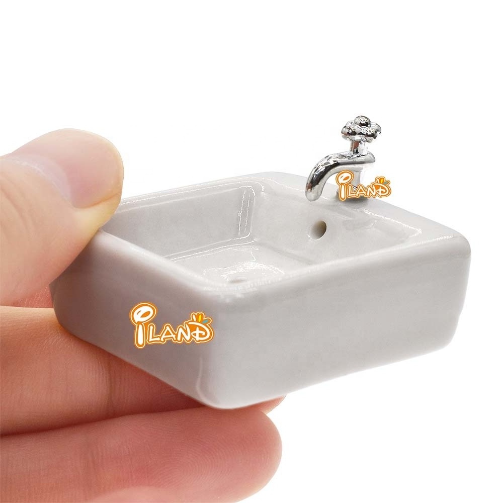 iLAND 1/12 Scale Miniature Dollhouse Accessories Bathroom Sink With Faucet Perfect Mini Ceramic Wash Basin Model For Doll House