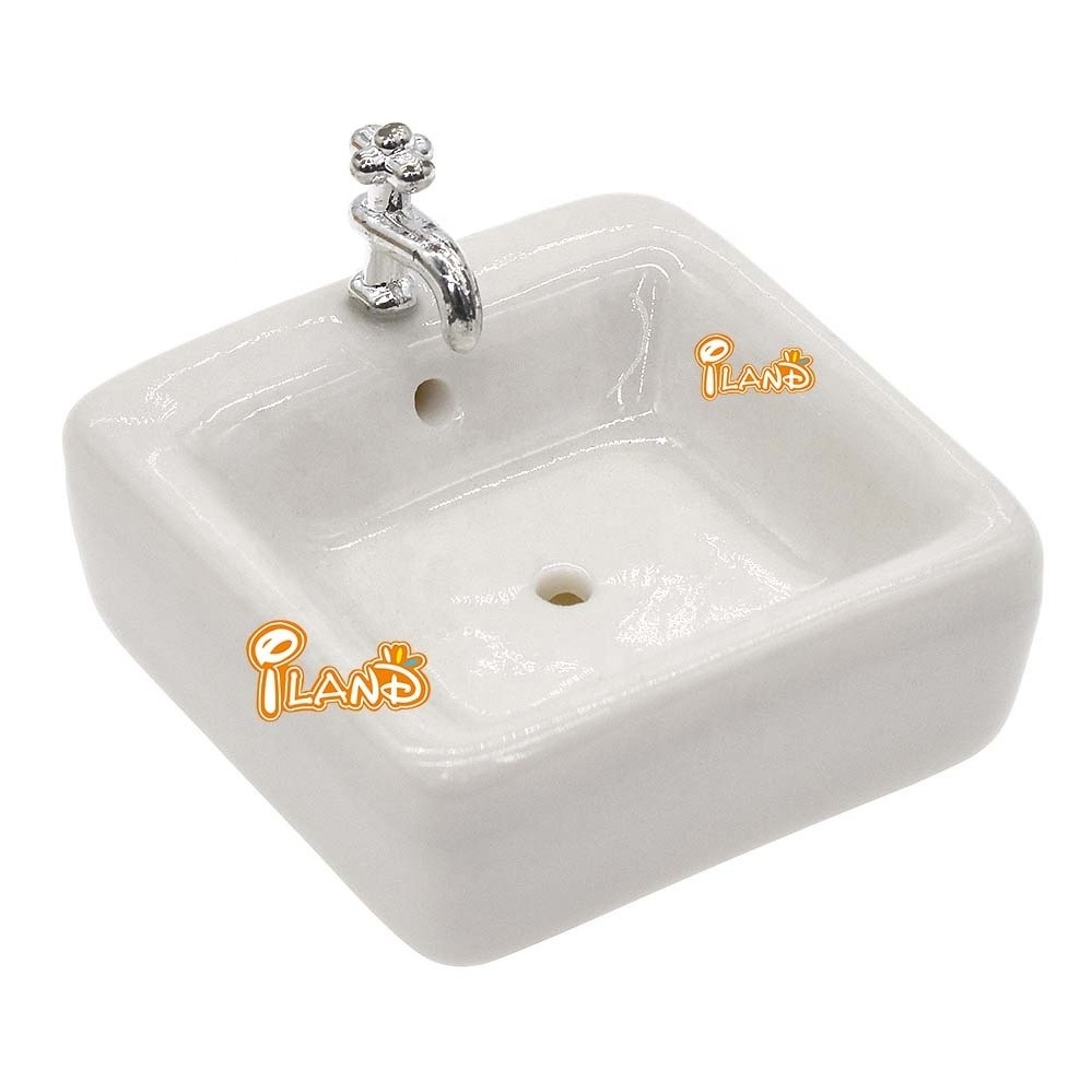 iLAND 1/12 Scale Miniature Dollhouse Accessories Bathroom Sink With Faucet Perfect Mini Ceramic Wash Basin Model For Doll House