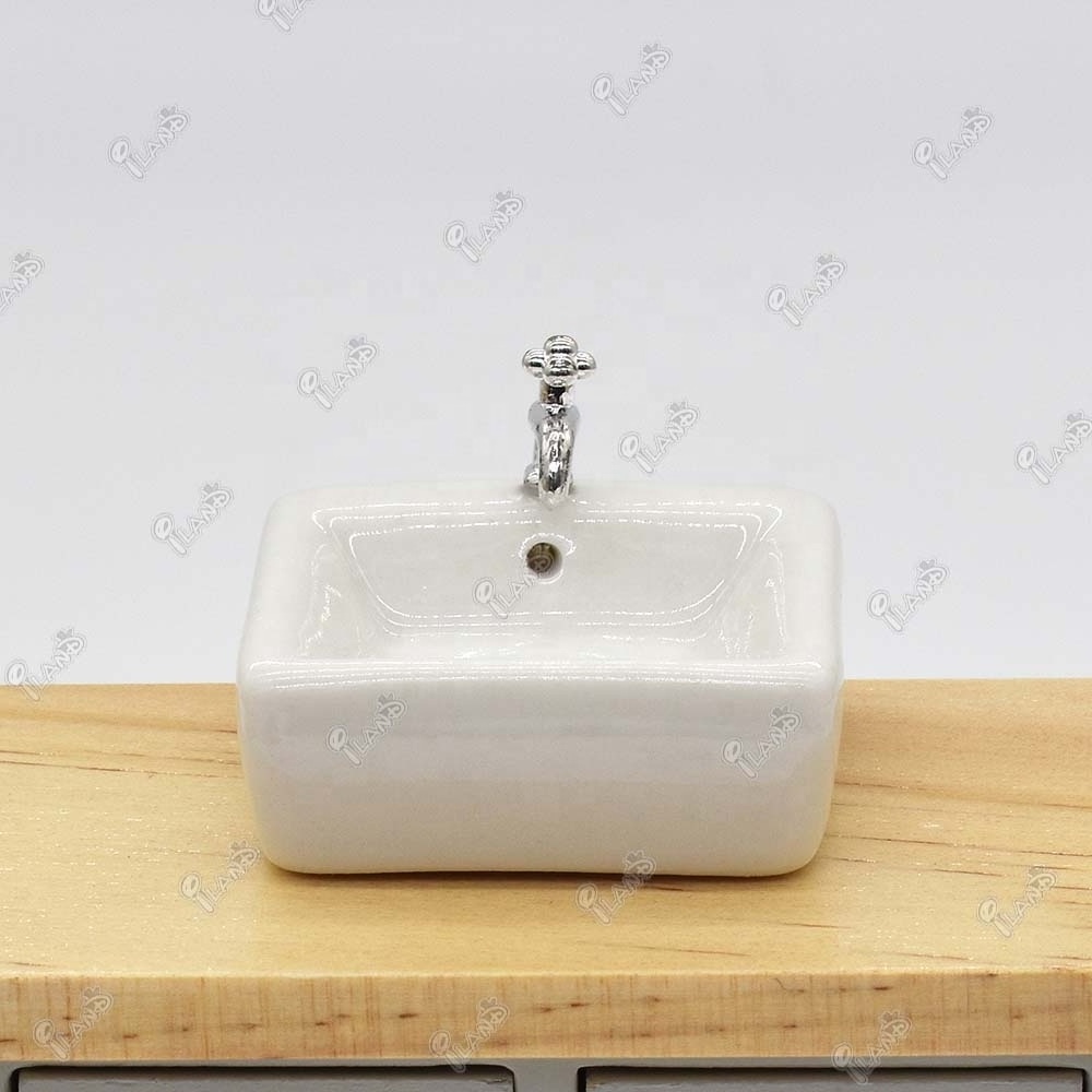 iLAND 1/12 Scale Miniature Dollhouse Accessories Bathroom Sink With Faucet Perfect Mini Ceramic Wash Basin Model For Doll House