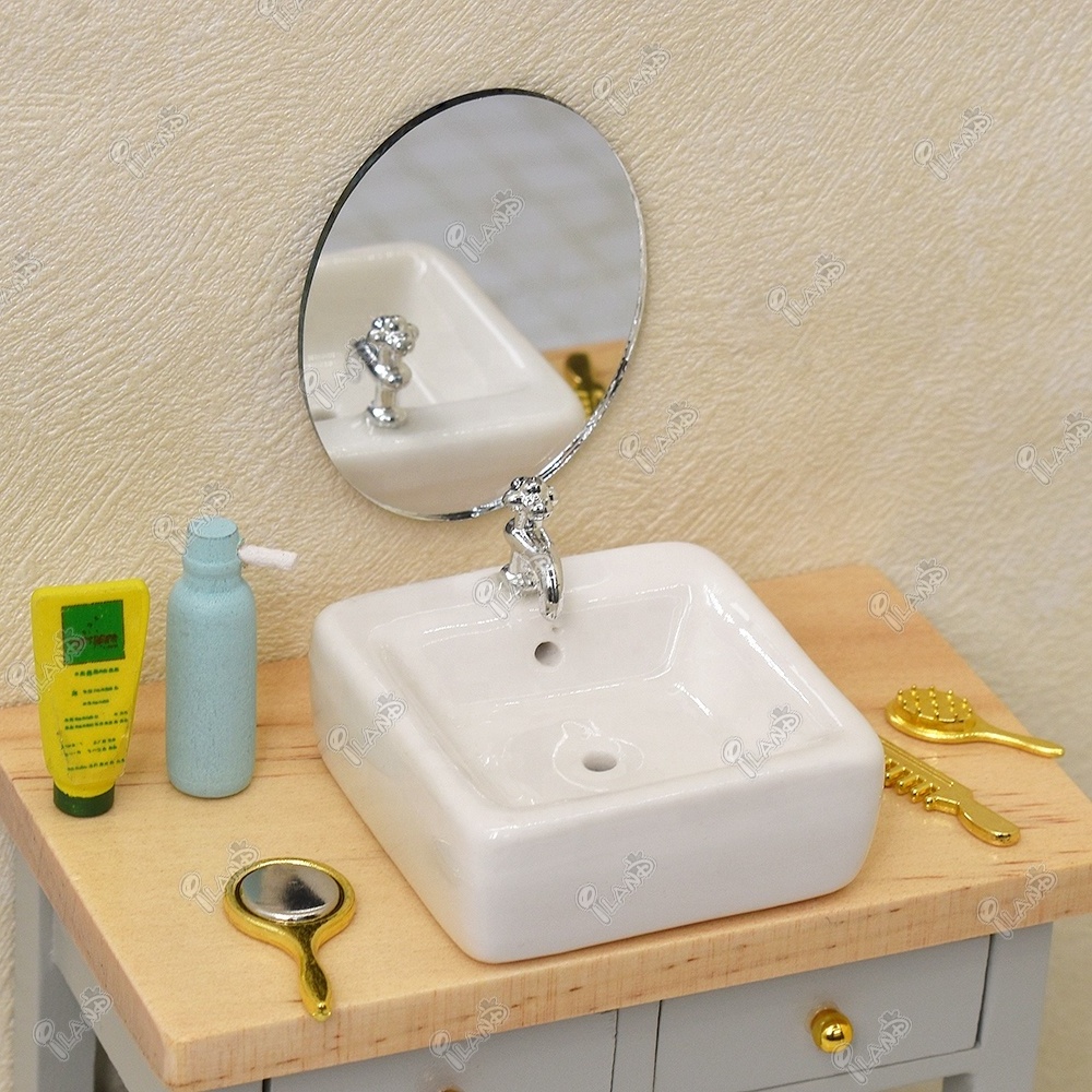 iLAND 1/12 Scale Miniature Dollhouse Accessories Bathroom Sink With Faucet Perfect Mini Ceramic Wash Basin Model For Doll House