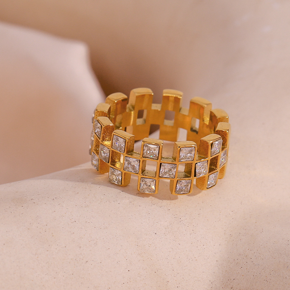 High End Double Sides Chequer Geometric Zircon Gear Rings Fashion Chunky Gold Plated Stainless Steel Index Finger Ring