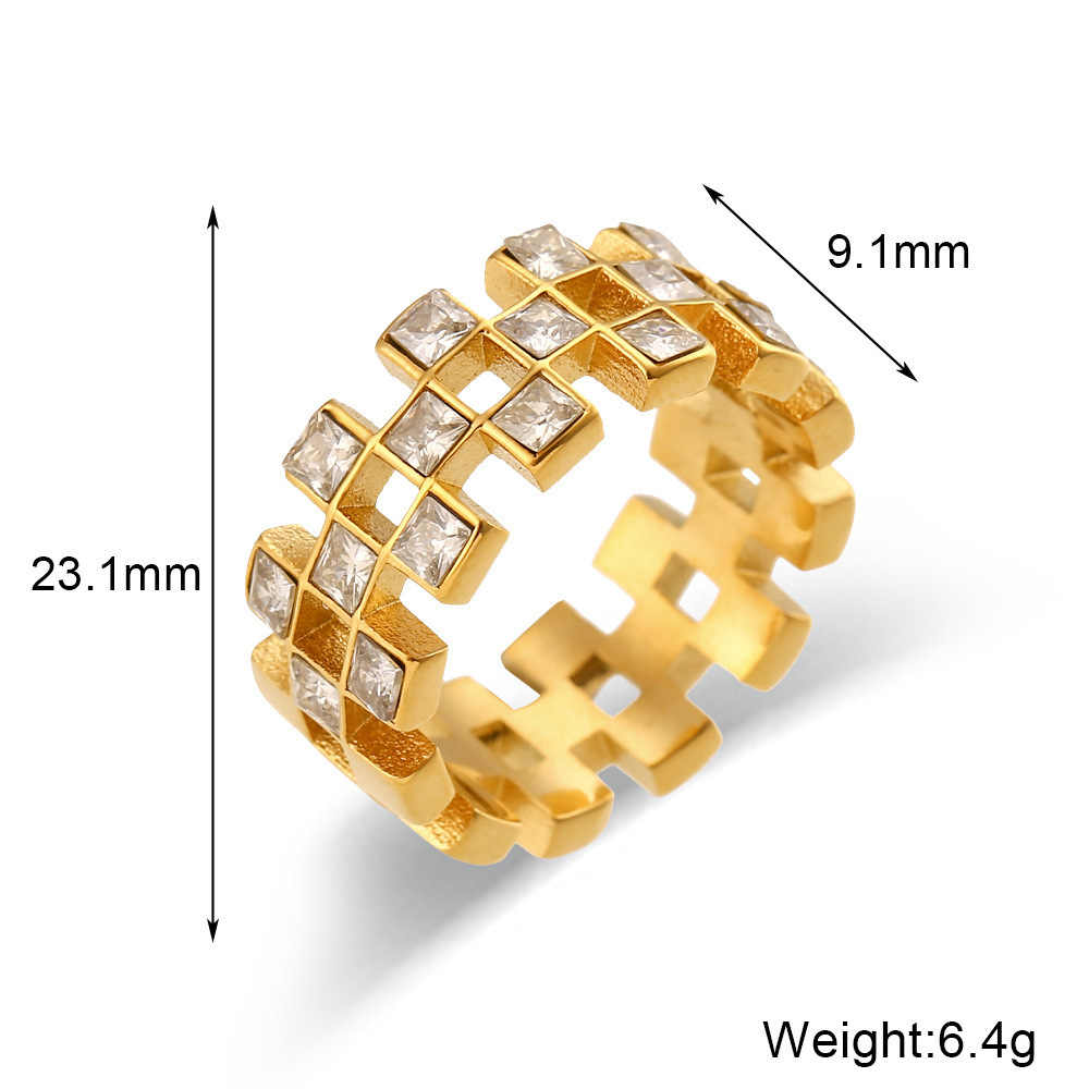 High End Double Sides Chequer Geometric Zircon Gear Rings Fashion Chunky Gold Plated Stainless Steel Index Finger Ring