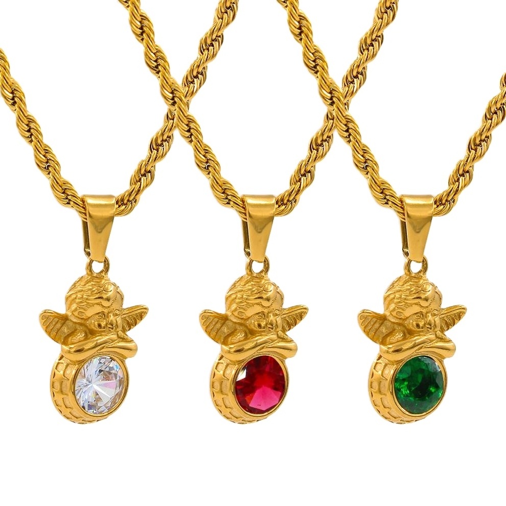 FANJIN Guardian Angel Pendant 12 month birthstone necklace zircon stainless steel plated real gold waterproof Necklace