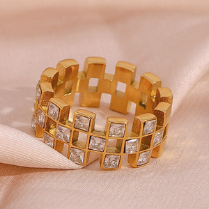 High End Double Sides Chequer Geometric Zircon Gear Rings Fashion Chunky Gold Plated Stainless Steel Index Finger Ring