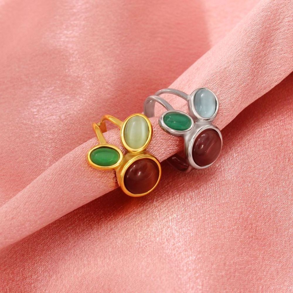 FANJIN 3 Colors Natural Stone Stainless Steel Ring Personalized Women Wide Finger Jewelry Waterproof Vacation Gift