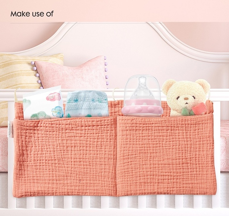 Multi use Muslin 100%Cotton baby bed diaper hanging storage bag crib organizer Nursery Organizer for Diapers Toys Clothing