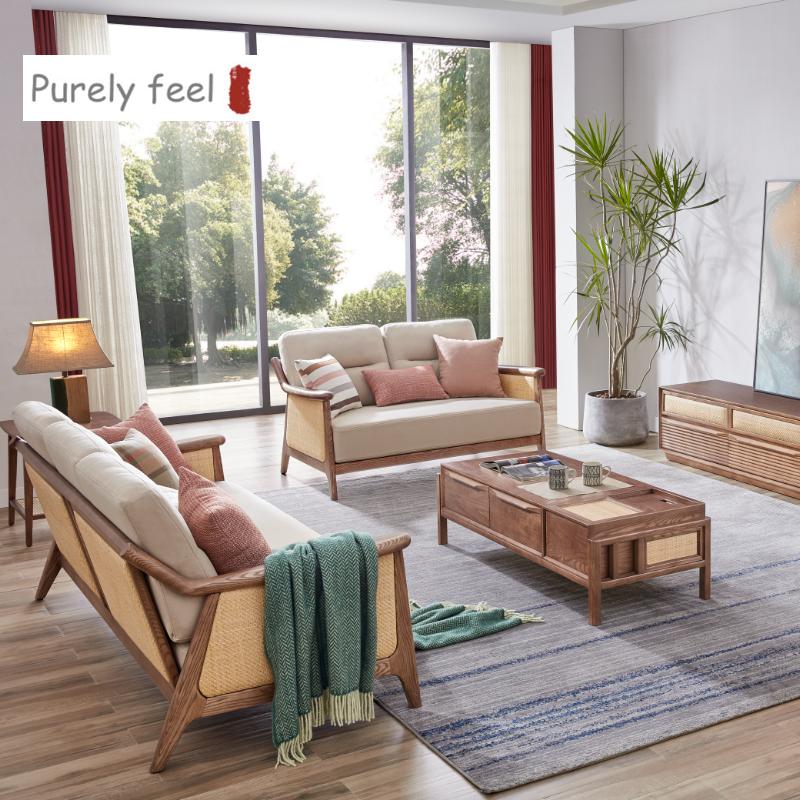 PurelyFeel Nordic Ash solid wood composite sofa Contracted living room rattan sofa Removable and washable technology cloth sofa