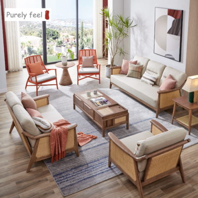 PurelyFeel Nordic Ash solid wood composite sofa Contracted living room rattan sofa Removable and washable technology cloth sofa