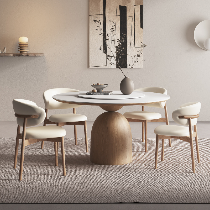 PurelyFeel Nordic pure solid wood rock board table and chair combination wood cream style round home designer dining table