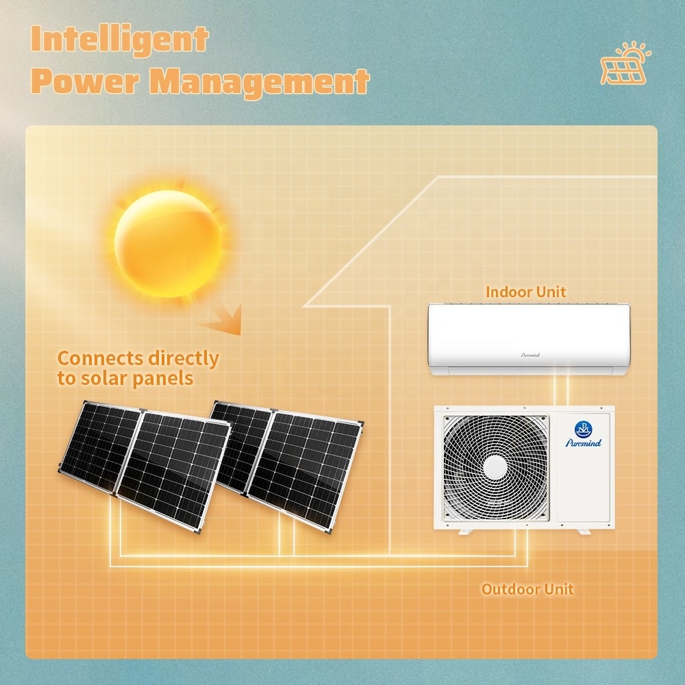 Puremind Solar Air Conditioner 9000Btu 12000Btu AC DC Hybrid Off Grid Solar Powered Air Conditioning System R32 R410a Wifi