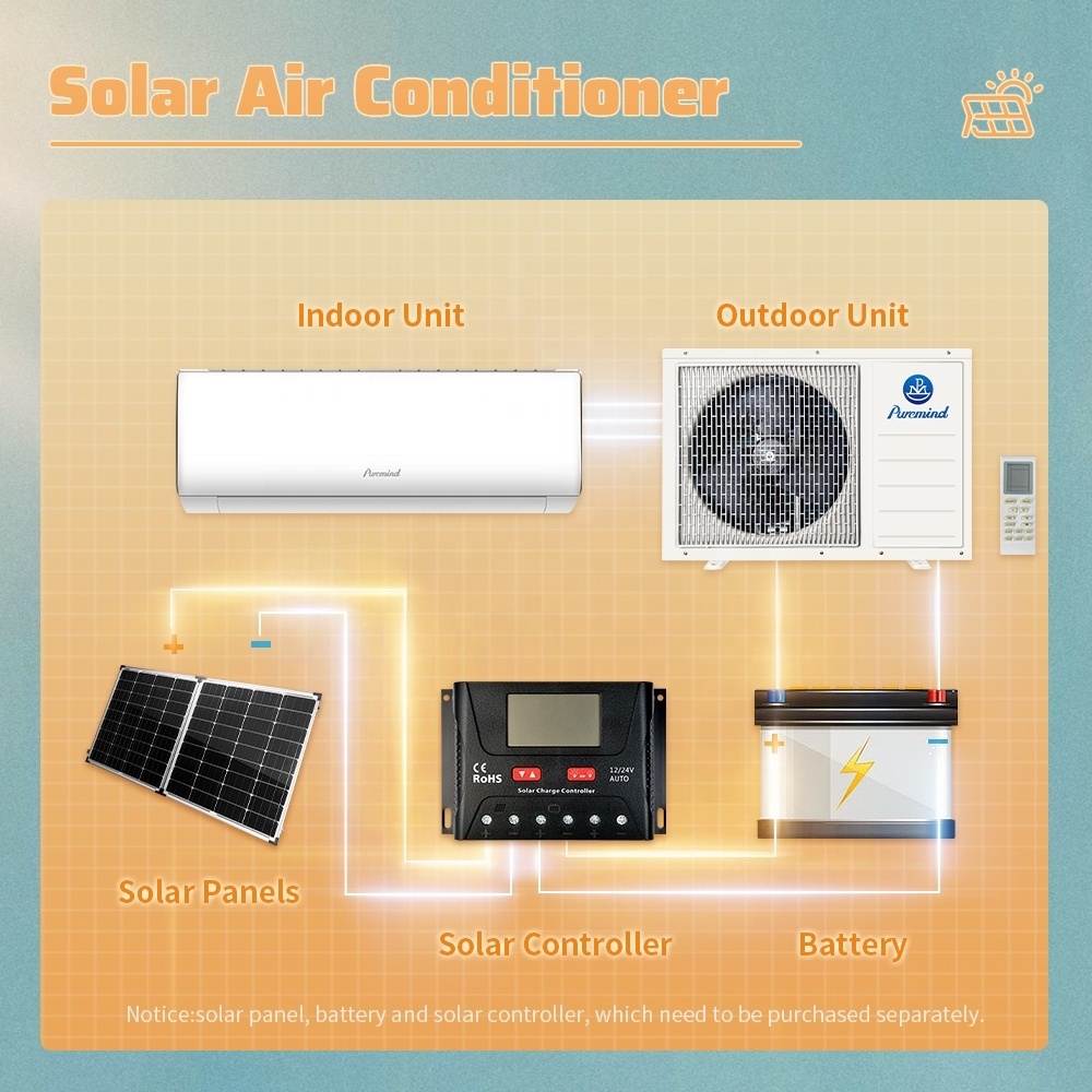 Puremind 9000Btu 12000Btu 18000Btu Wall Mounted Split AC Solar Powered DC 48V Hybrid Off Grid Solar Air Conditioner Wifi APP